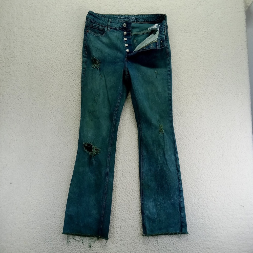 Old Navy Women Sz 6 Extra High Rise Kicker Boot Cut Jeans Distressed Button Fly